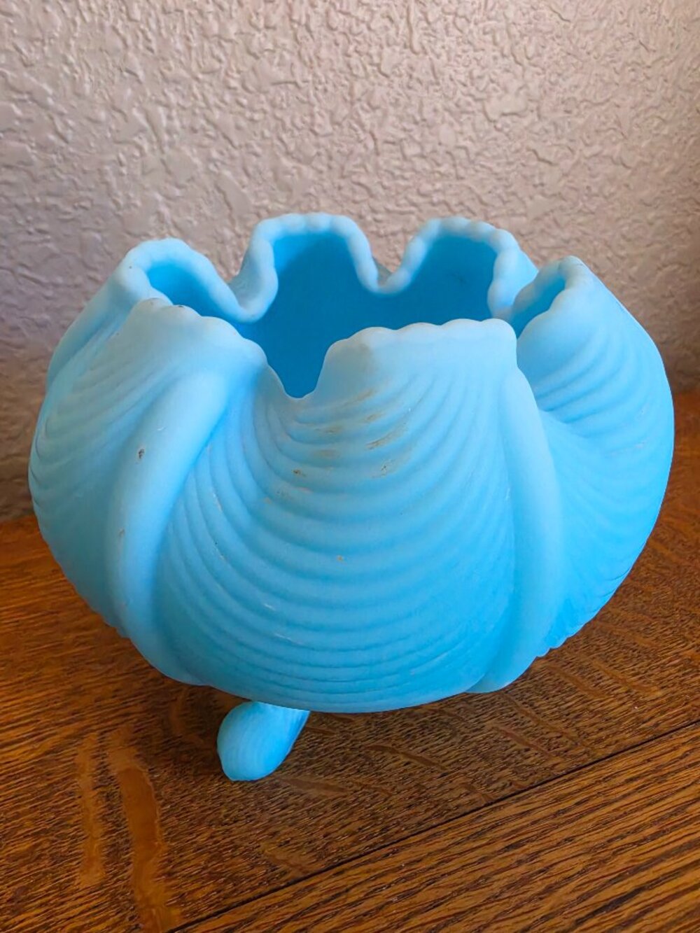 Fenton Blue Satin Glass 3 footed "Drapery" (or Curtain) pattern cupped rose bowl